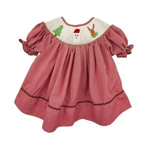 Babeeni Girls Dress Christmas Smocked Red Gingham Santa Tree Reindeer Toddler 2T